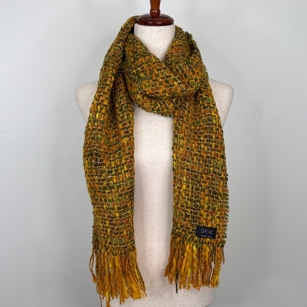 Basile Chunky Woven Textured Weave Wool Blend Orange and Green Scarf